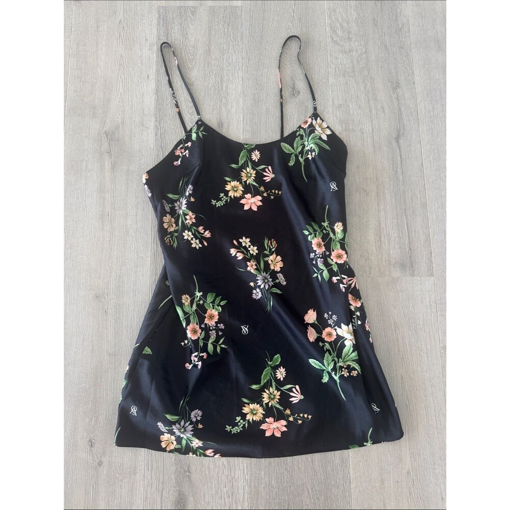 Victoria's Secret Black Satin Floral Slip with Pink & Green Blooms